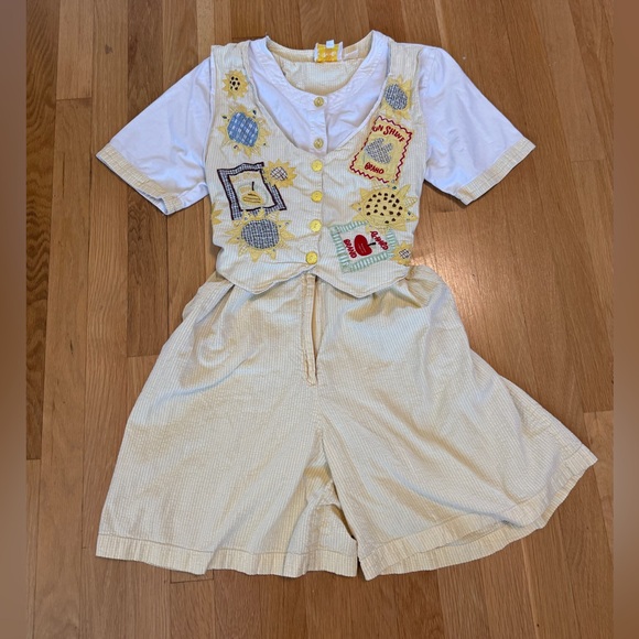 country wear Pants - Vintage 90s Country Wear Sunflower Seersucker Romper Petite 14 Cottagecore